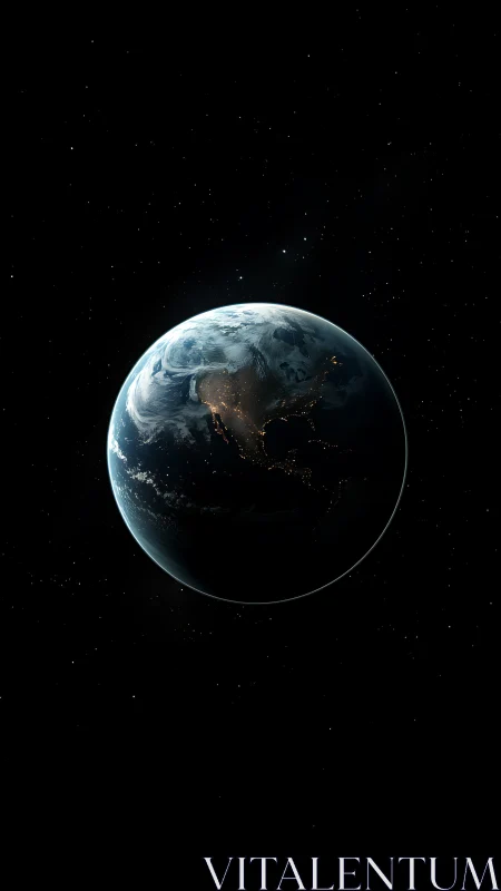 Silent blue planet adrift in velvet star-sprinkled dark.