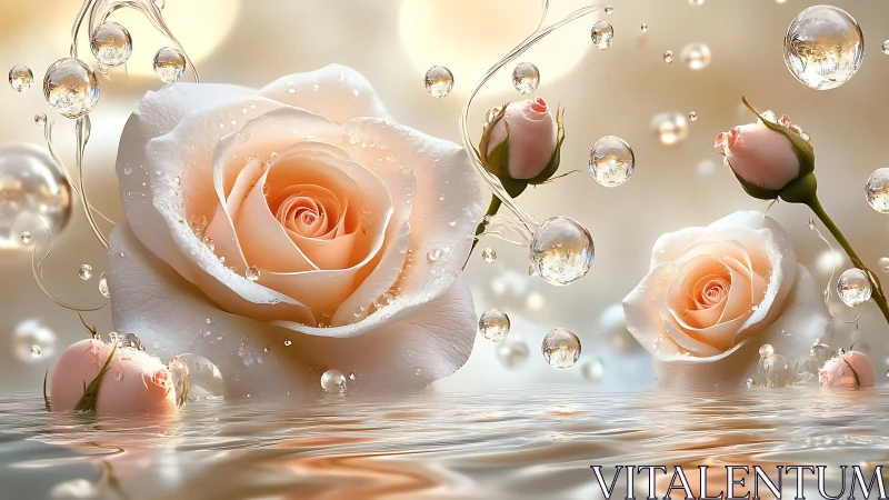 Peach Roses with Water Droplets and Bubbles in Aquatic Setting