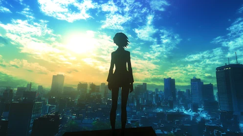 Silhouetted dreamer weighs tomorrow above neon city haze