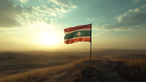 Desert crest flag rippling at sunset on windswept ridge.