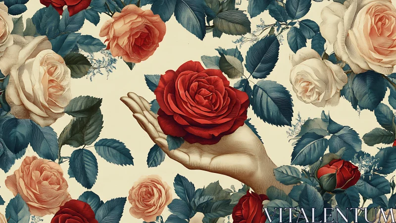 Botanical still life with hand holding red rose among mixed flowers