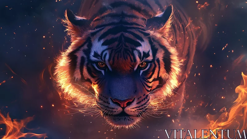 Fierce tiger strides through glowing embers with quiet power.