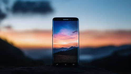 Samsung Phone Displays Vibrant Sunset Over Mountains