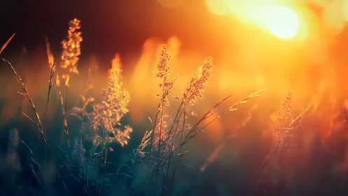Backlit meadow grasses glow in warm golden hour sunset.