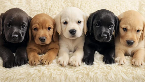 Five cuddly puppies share a cozy moment on a soft blanket