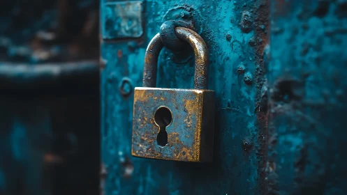 Weathered Padlock on Turquoise Industrial Surface.