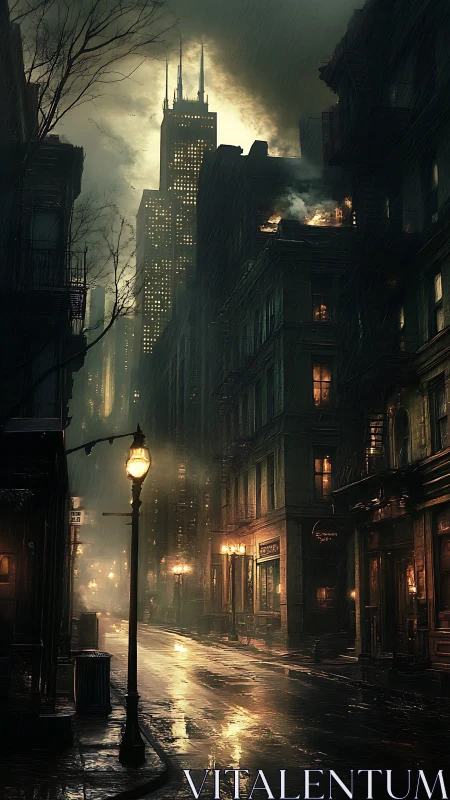 Noir rain-soaked alley with infernal high-rise skyline glow.