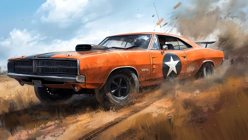 Dust-slinging muscle car rockets through wild desert grit.