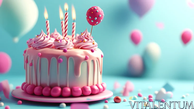 Pink Birthday Cake with Lit Candles Against Turquoise Background