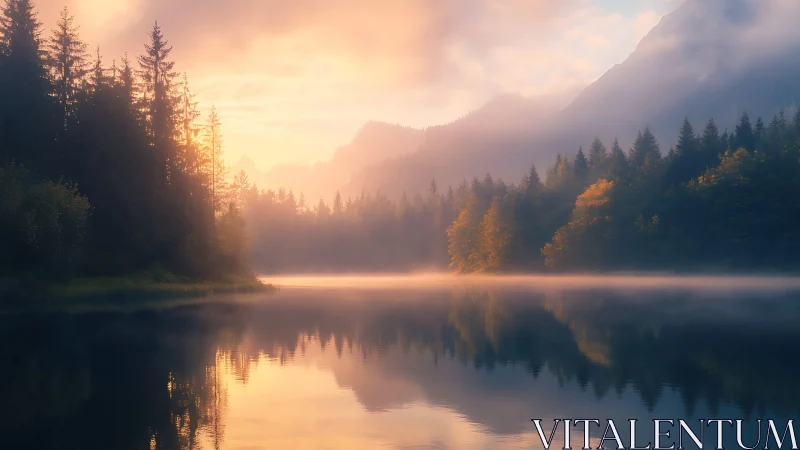 Sunrise mist drifts over tranquil forest lake reflections.