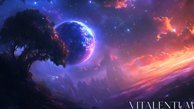 Starlit alien horizon welcomes a glowing planet at sunset