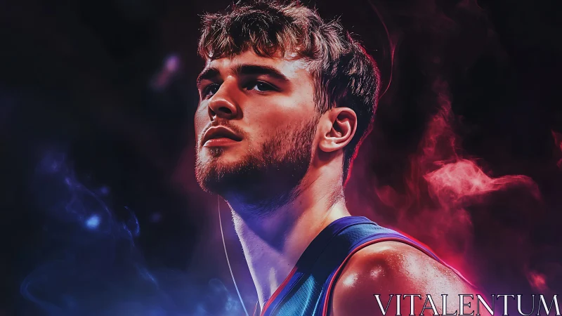 Intense basketball portrait under vibrant colored smoke light
