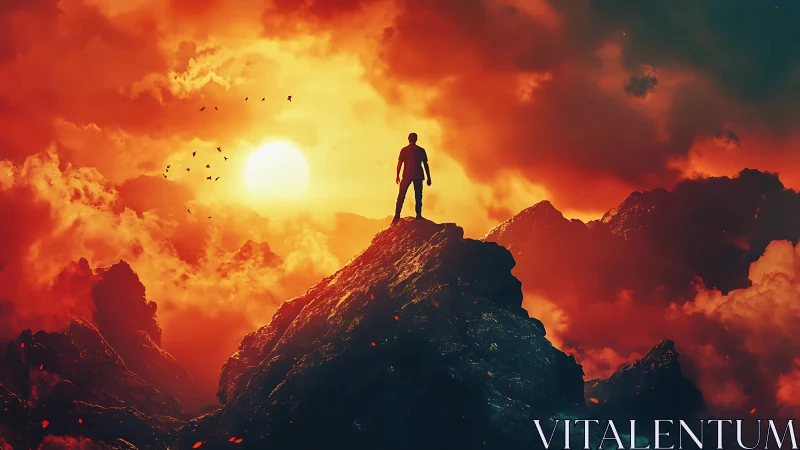 Silhouette stands on fiery summit under blazing sunset sky.