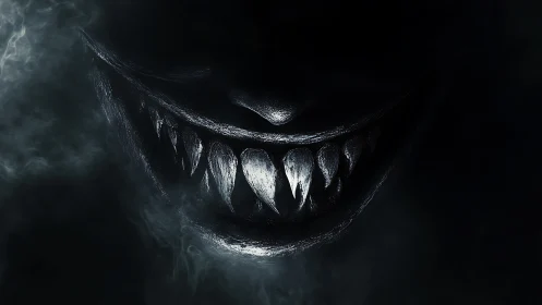 Sinister spectral grin emerging from swirling darkness.