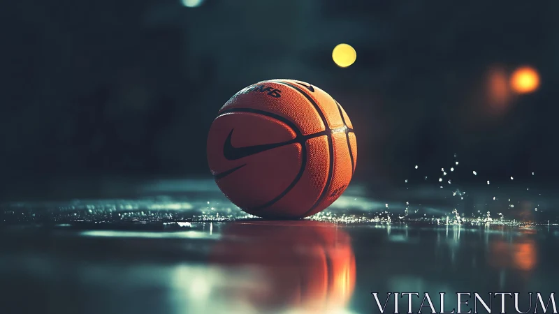 Close-up basketball on wet indoor court under low light.