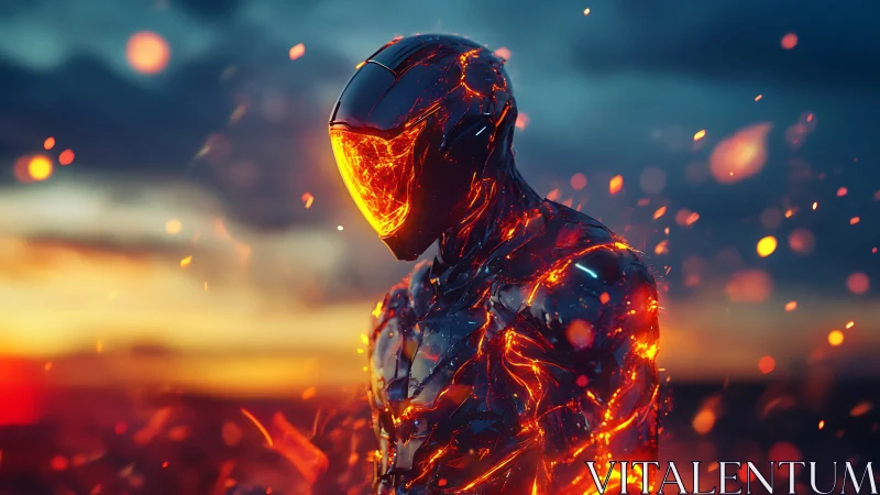 Lava-like humanoid in reflective armor against dusk sky.