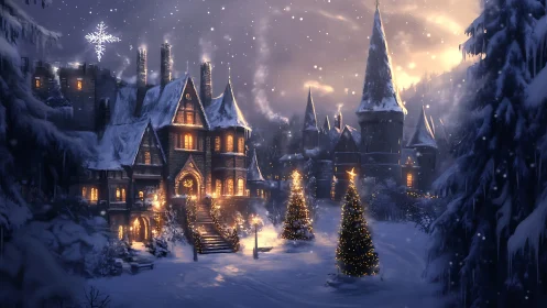 Snowy castle courtyard glows with warm festive Christmas lights