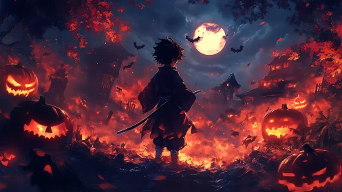 Samurai child faces flaming Halloween night scene.