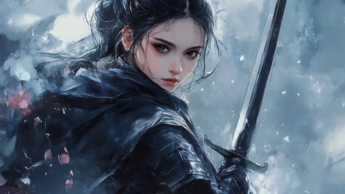 Winter-lit swordbearer pausing between storm and stillness.