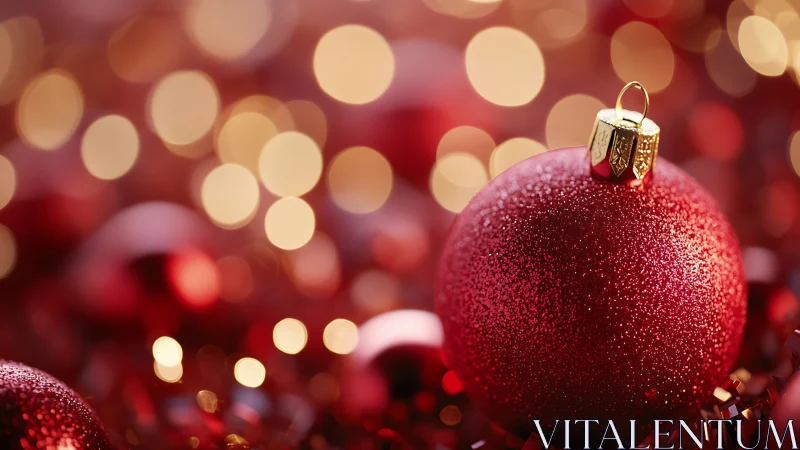 Crimson bauble shimmers while bokeh lights quietly celebrate
