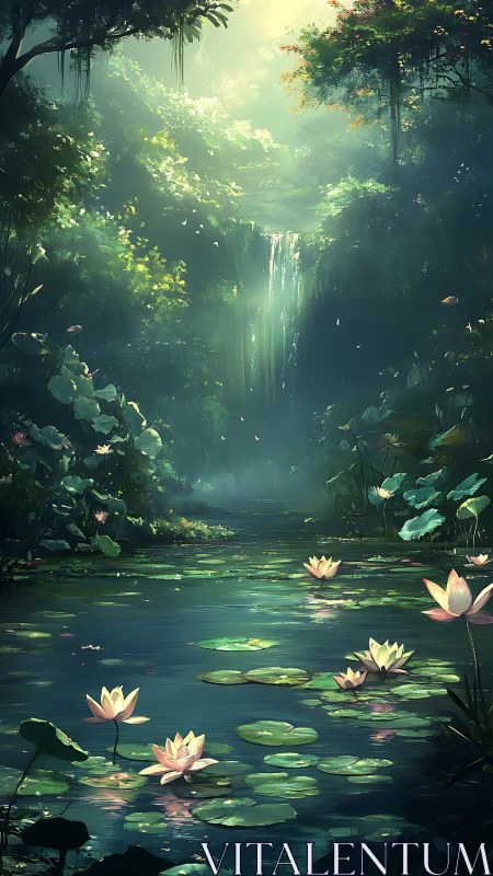 Radiant lily pond beneath volumetric forest waterfall glow.
