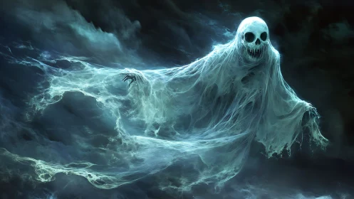 Spectral wraith emerging in swirling ethereal mist storm.