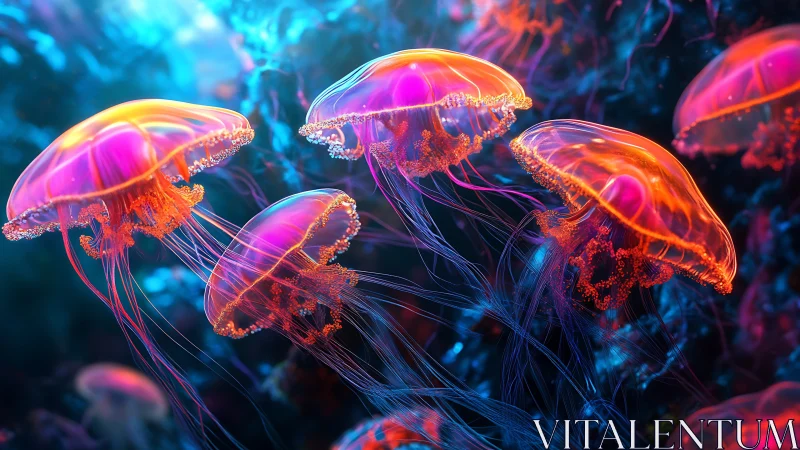 Digital painting of bioluminescent jellyfish in neon palette.