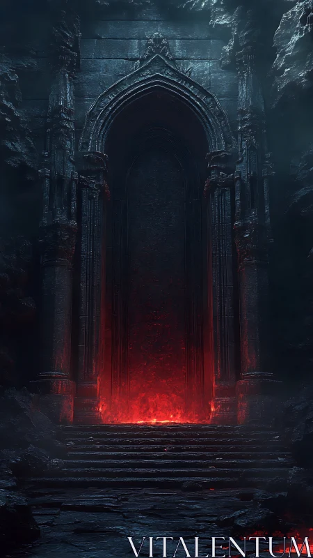 Gothic stone gate over glowing infernal portal in cavern.