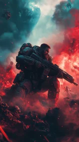 Armored space warrior kneeling in a storm of cosmic fire.