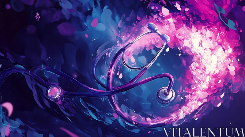 Stethoscope swirling through neon healing cosmos of care.