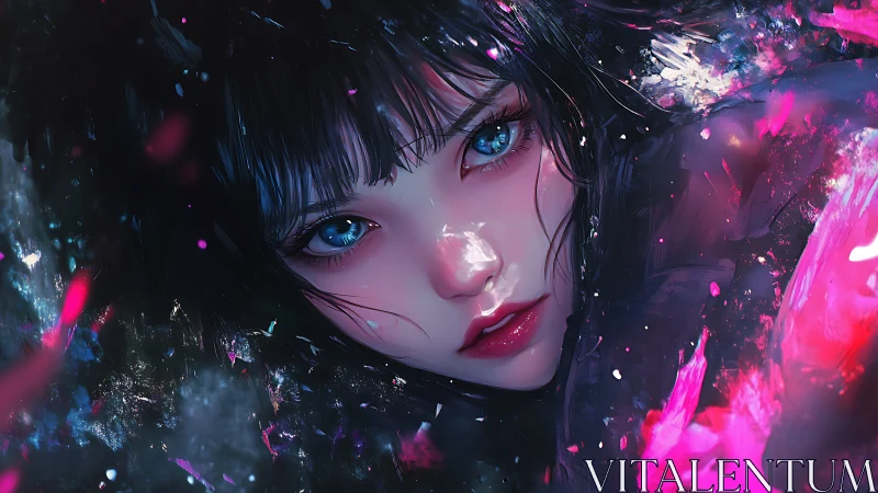 Digital portrait shows close-up stylized face with blue eyes