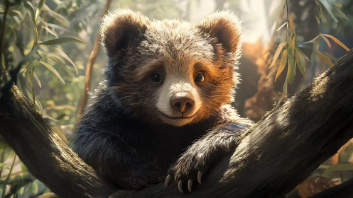 Cute bear cub resting on a tree branch in soft sunlight.
