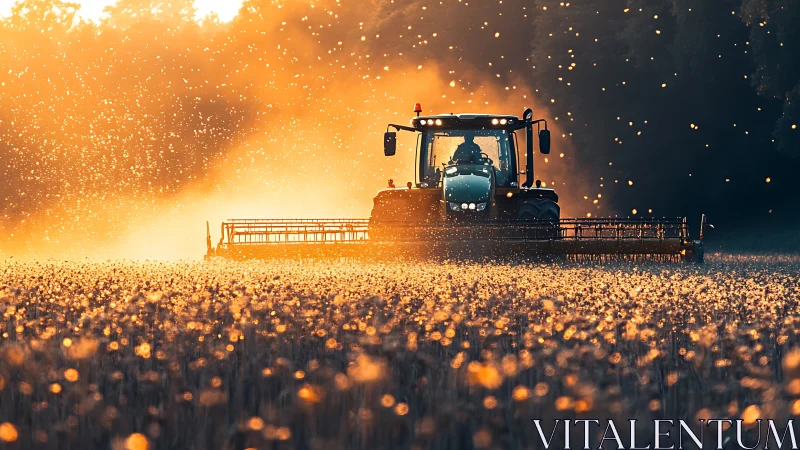 Modern farm tractor harvesting field in golden evening light.