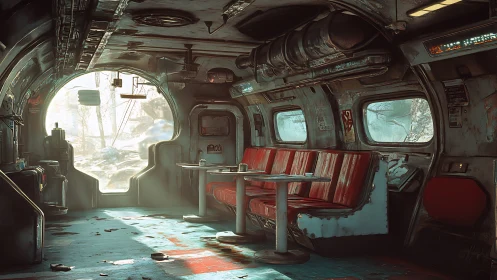 Retro-futurist wasteland diner interior in 3D environment.
