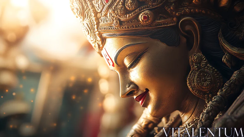 Golden goddess statue in warm light with ornate details.
