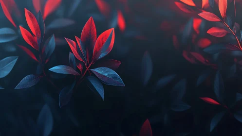 Midnight garden leaves glowing in deep red and blue.