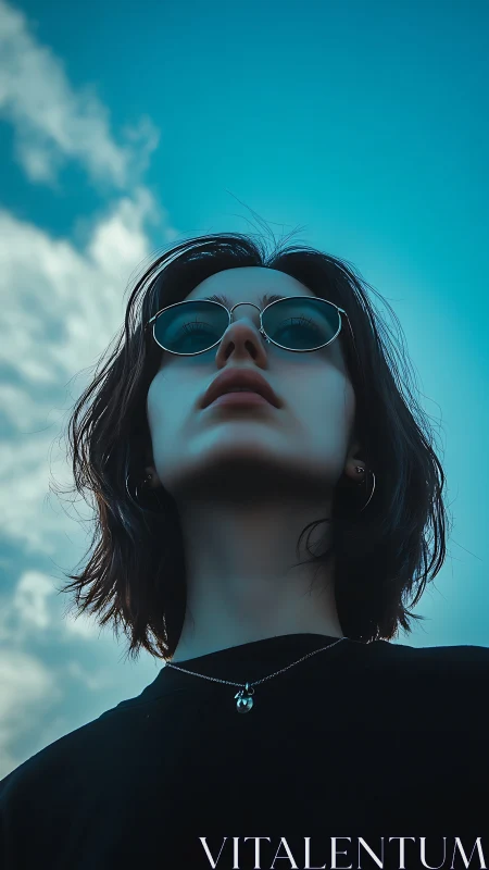 Person wearing round sunglasses captured from low angle