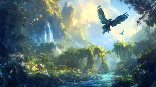 Soaring azure bird above luminous enchanted forest gorge.