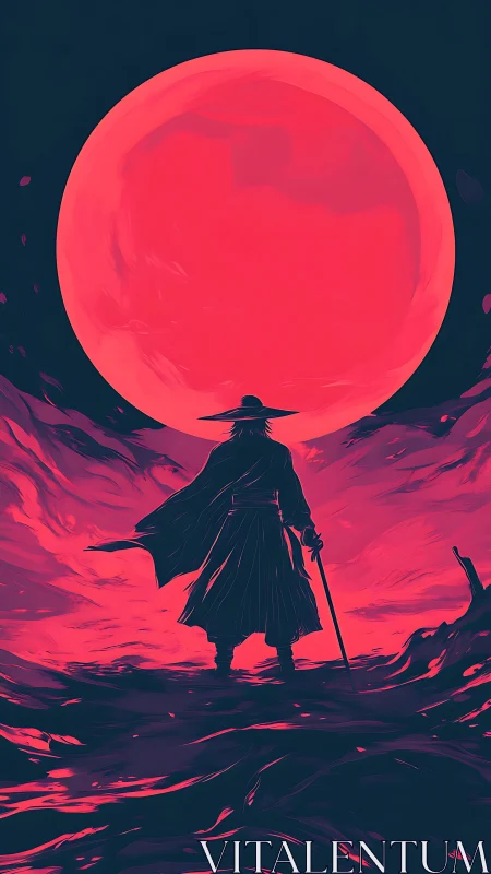 Lone swordsman stands under massive red moon in void landscape.