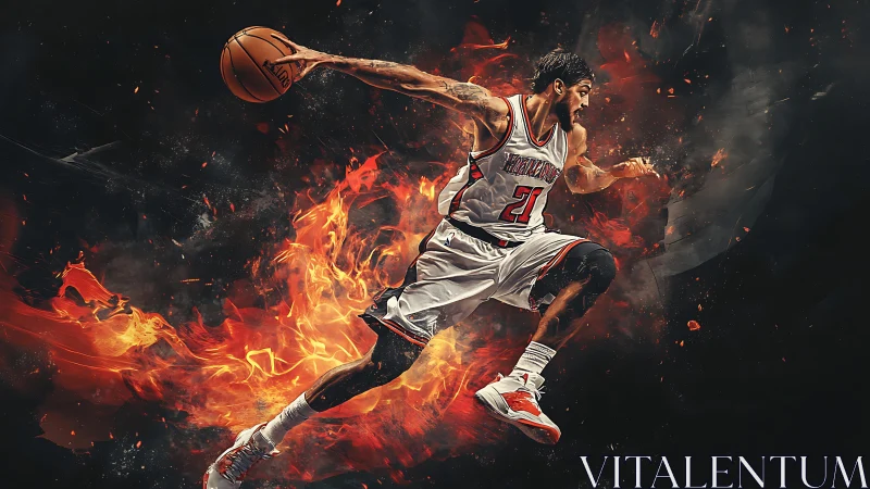 Dynamic basketball player in midair amid fiery motion trails