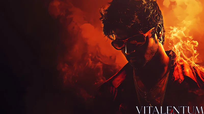 Backlit male portrait rendered in high-contrast fiery bokeh field