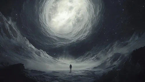 A lone wanderer stands beneath a swirling cosmic sky portal