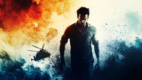 Dynamic action hero silhouette in explosive color diffusion.