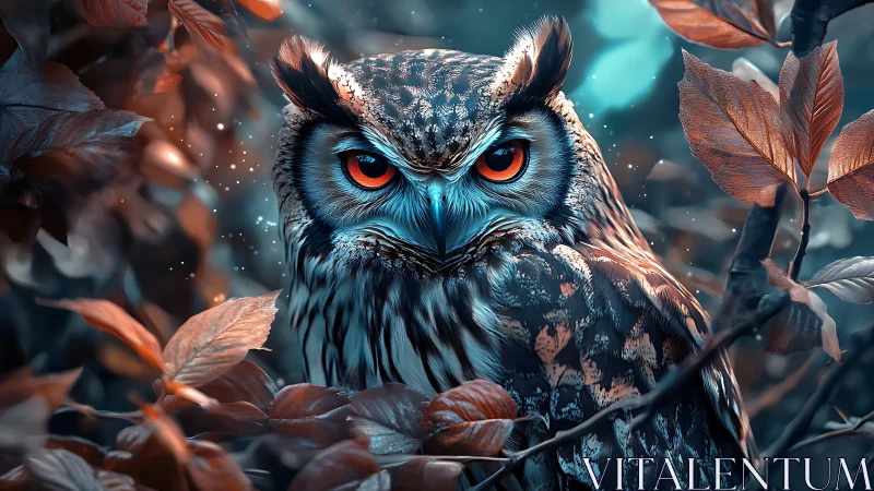 Majestic owl with piercing eyes in vibrant autumn forest, digital art.
