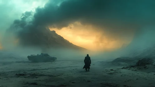 Lone wanderer crosses foggy wasteland toward burning horizon