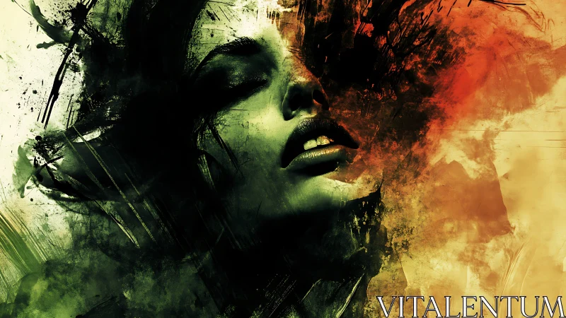 Abstract female portrait dissolving in fiery brushstrokes.