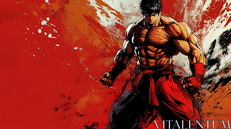 Crimson-splashed warrior strides from chaos, fists blazing