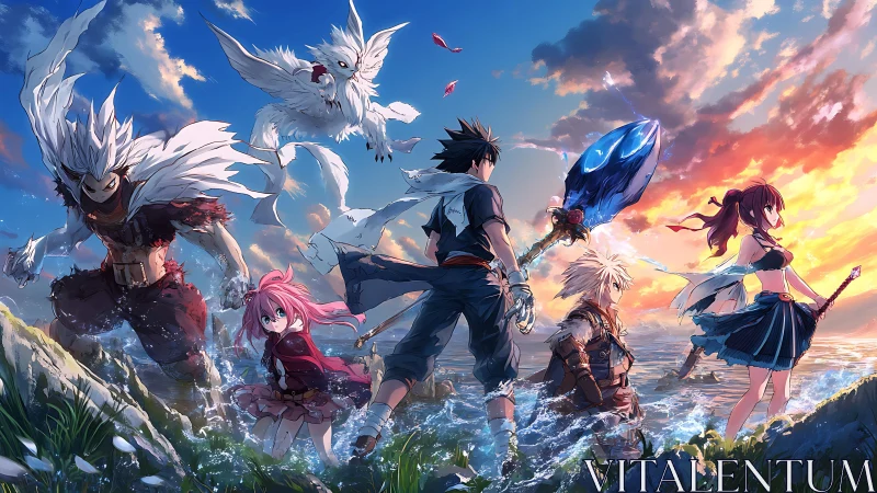 Fantasy battle party stands on stormlit shore at sunrise