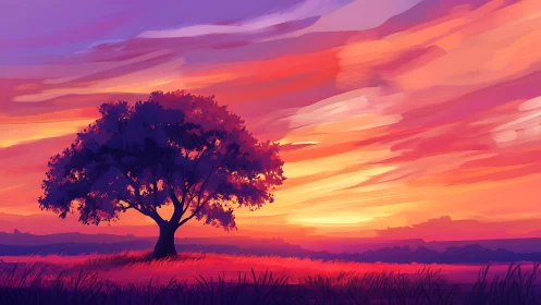 Solitary tree glows against a vivid magenta sunset sky