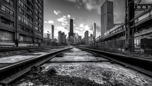 Black and white city skyline framed by urban rail tracks.